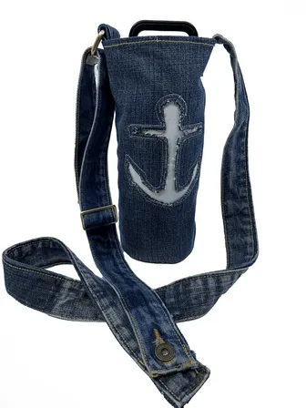 Product image of Sustainable Water Bottle Tote - Recycled Blue Jeans with Reverse Appliqué Anchor from Recycled Sails